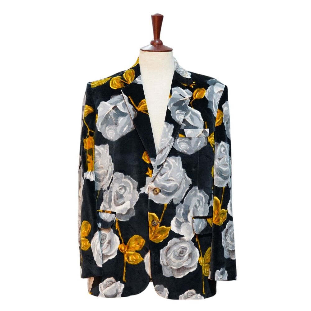 Mens Velvet Sport Coat 44R Black Gray Gold Rose Floral Blazer 2 Button Party